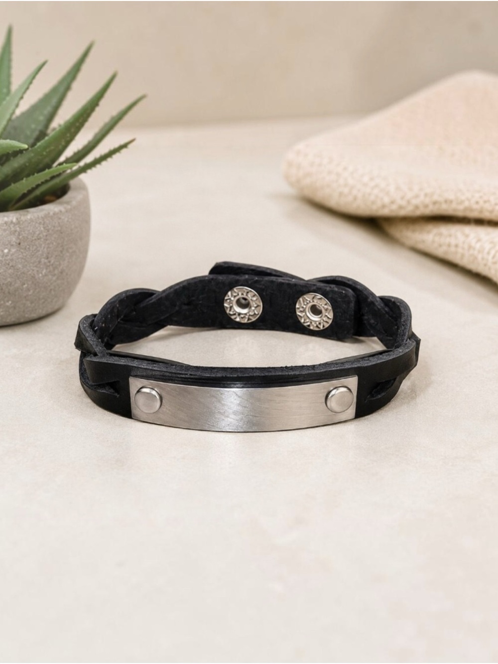 Plunder Black Braided Leather Bracelet with Silver Plate